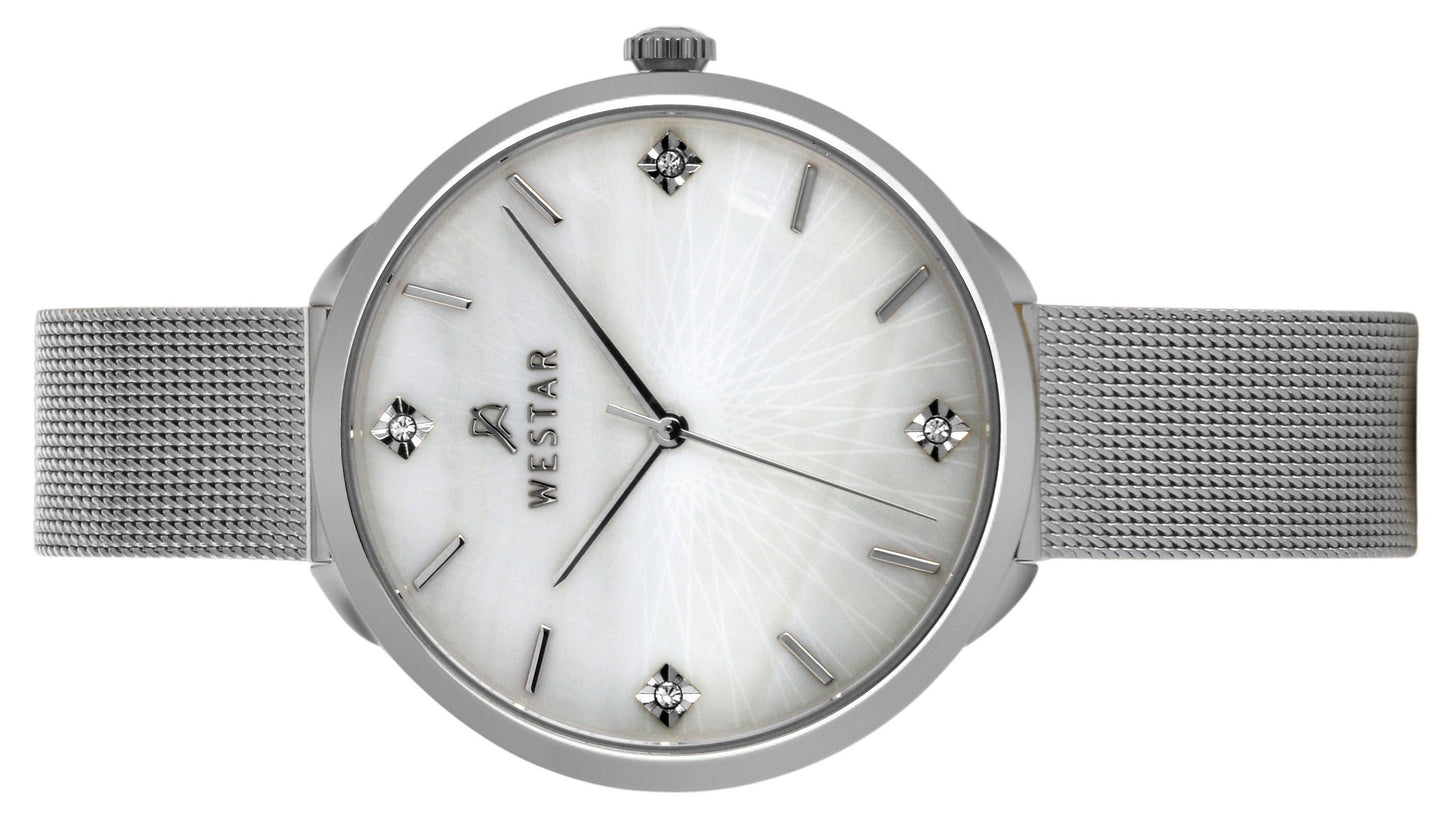 Westar Zing Crystal Accents Edelstahl Mesh White Perlmutt-Zifferblatt Quarz 00128STN11 Damenuhr