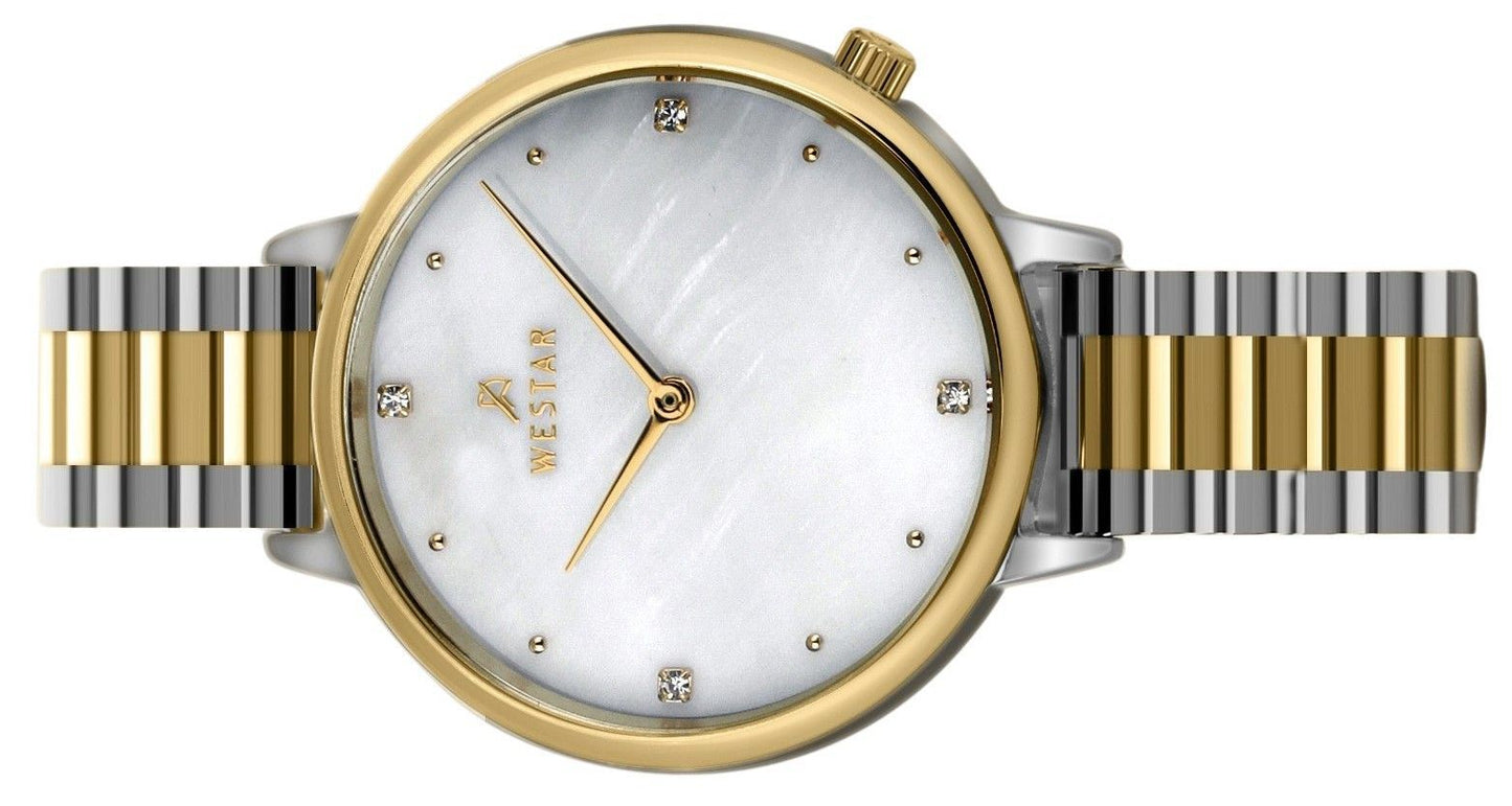 Westar Zing Crystal Accents Two Tone Edelstahl White Perlmutt-Zifferblatt Quarz 00135CBN111 Damenuhr
