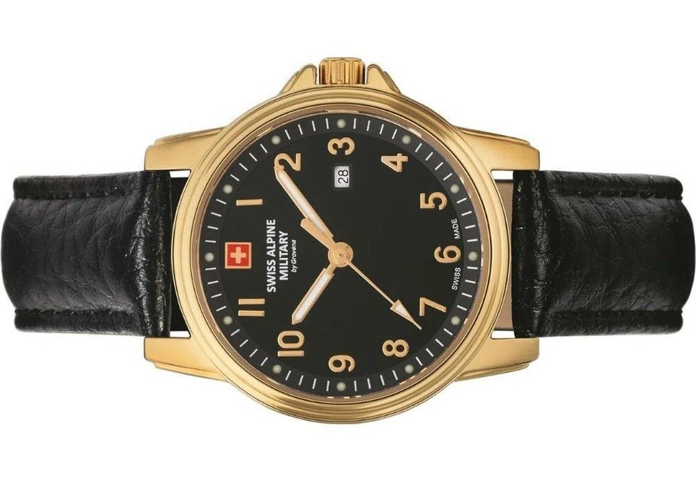 Swiss Alpine Military Leader Ladies Lederarmband Schwarzes Zifferblatt Quarz 7711.1517 100M Damenuhr