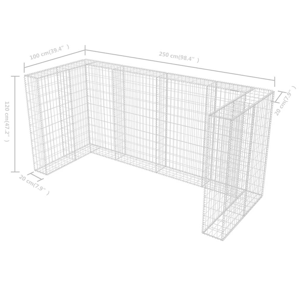 Gabion bin enclosure for 3 bins, steel, 250x100x120cm