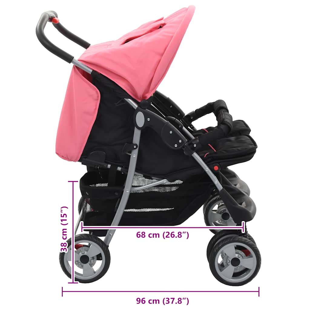 Poussette double rose et noire en acier