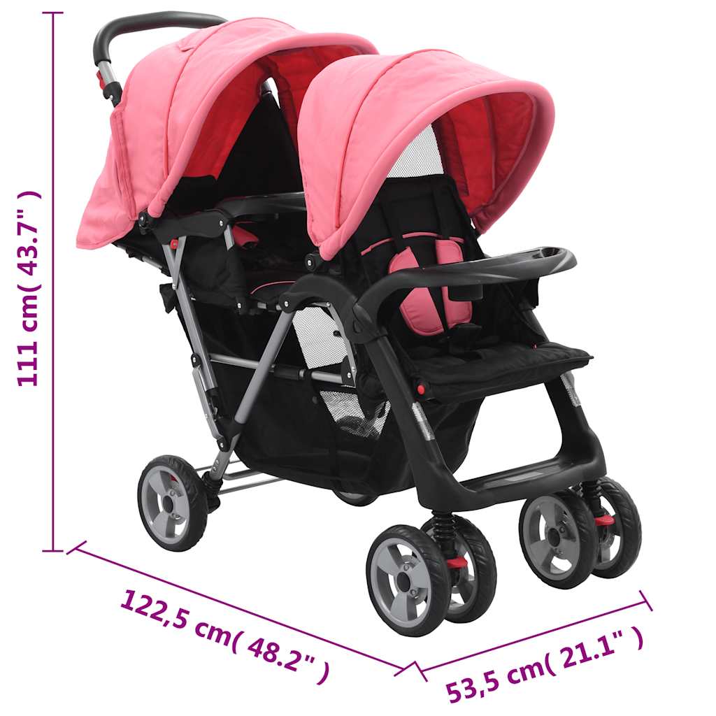 Poussette double en acier rose et noir