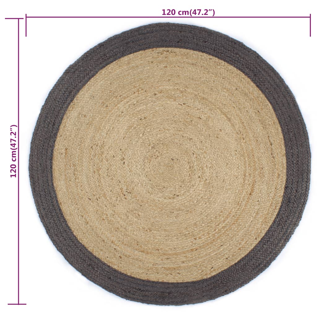 Tapis Fait Main Jute avec Bord Gris Foncé 120 cm