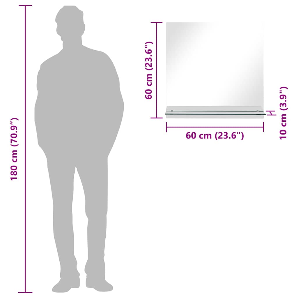 Wall mirror with shelf 60x60 cm tempered glass