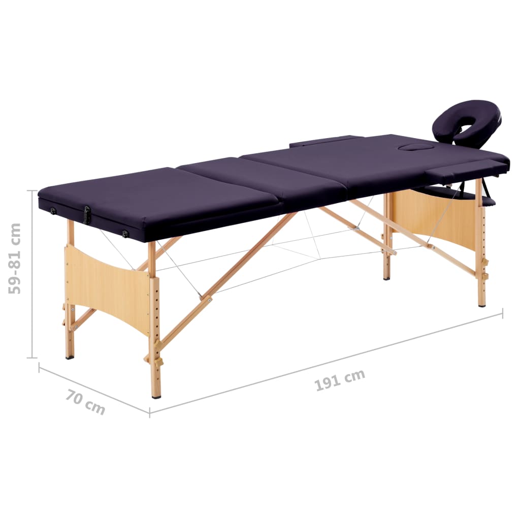 Table de massage pliante 3 zones avec châssis en bois violet