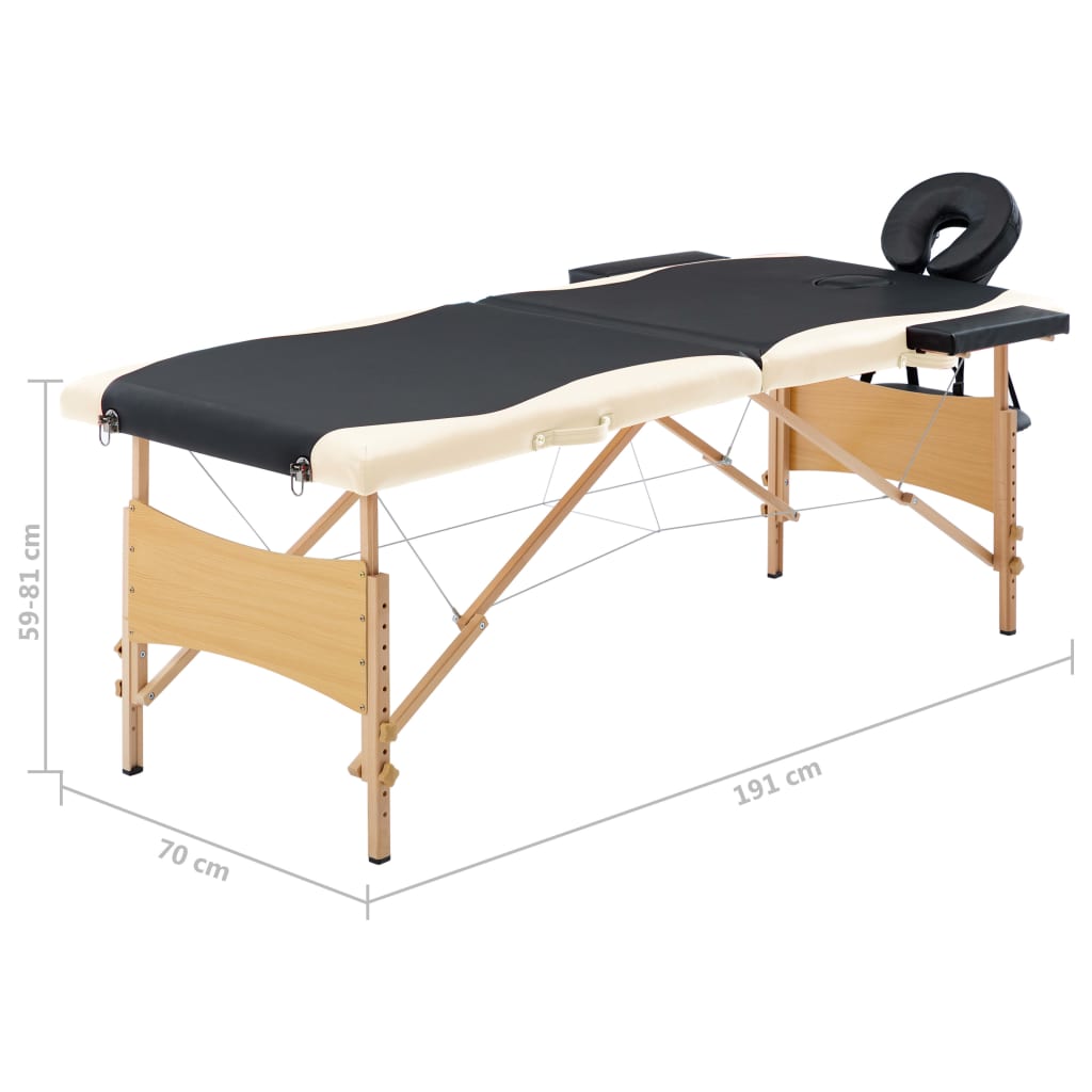 Table de massage pliable à 2 zones avec cadre en bois noir et beige