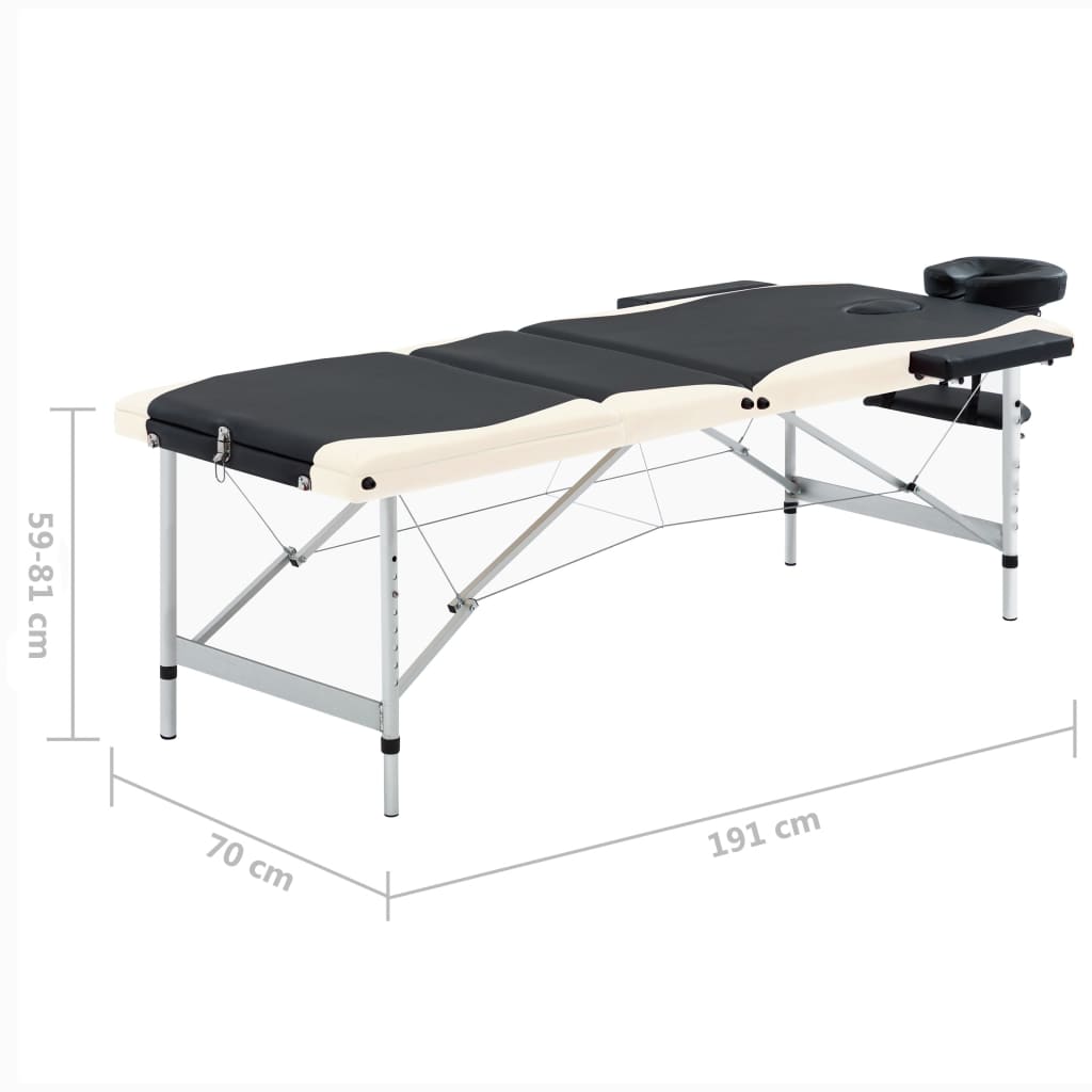 Table de massage pliante 3 zones en aluminium noir/beige