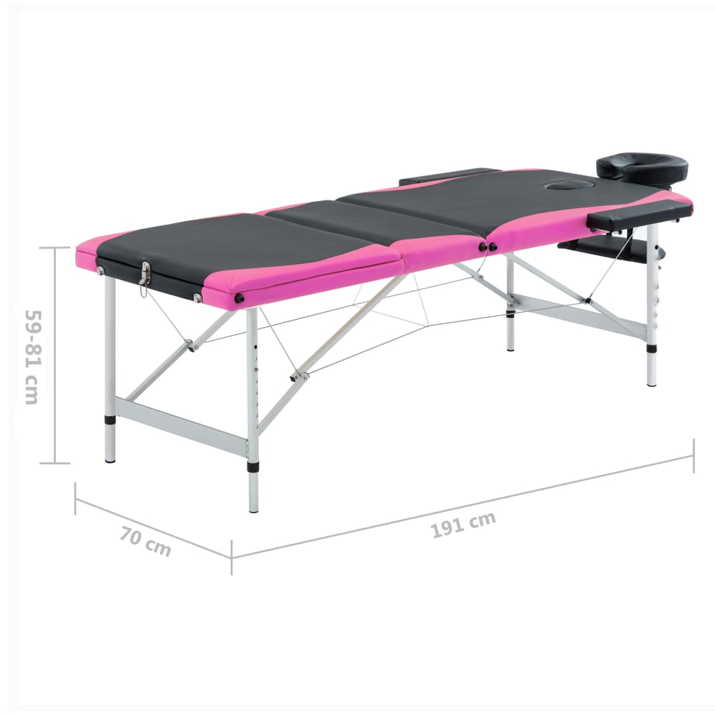 Table de massage pliante 3 zones avec structure en aluminium noir et rose