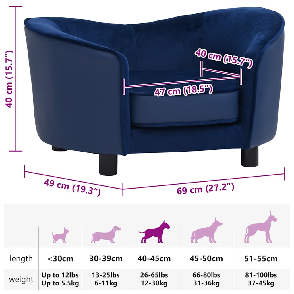 Hundesofa Blau 69x49x40 cm Plüsch und Kunstleder