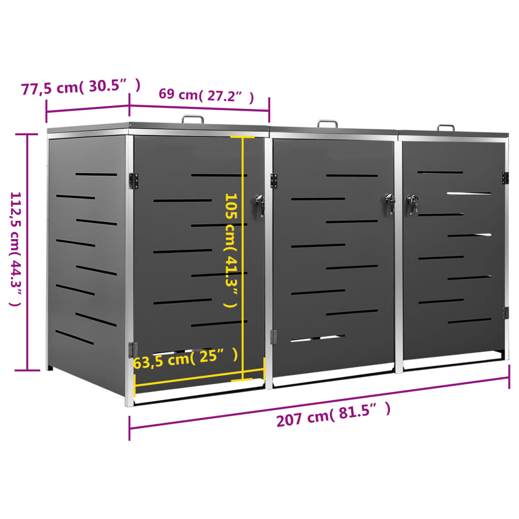 Mülltonnenbox für 3 Tonnen 207x77,5x115 cm Edelstahl