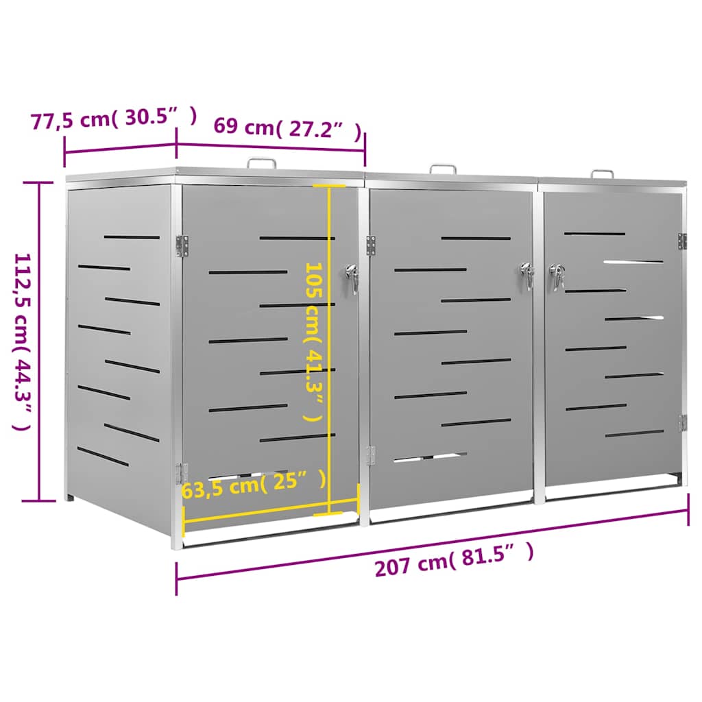 Cache-conteneurs poubelles pour 3 poubelles 207x77,5x115 cm acier inoxydable