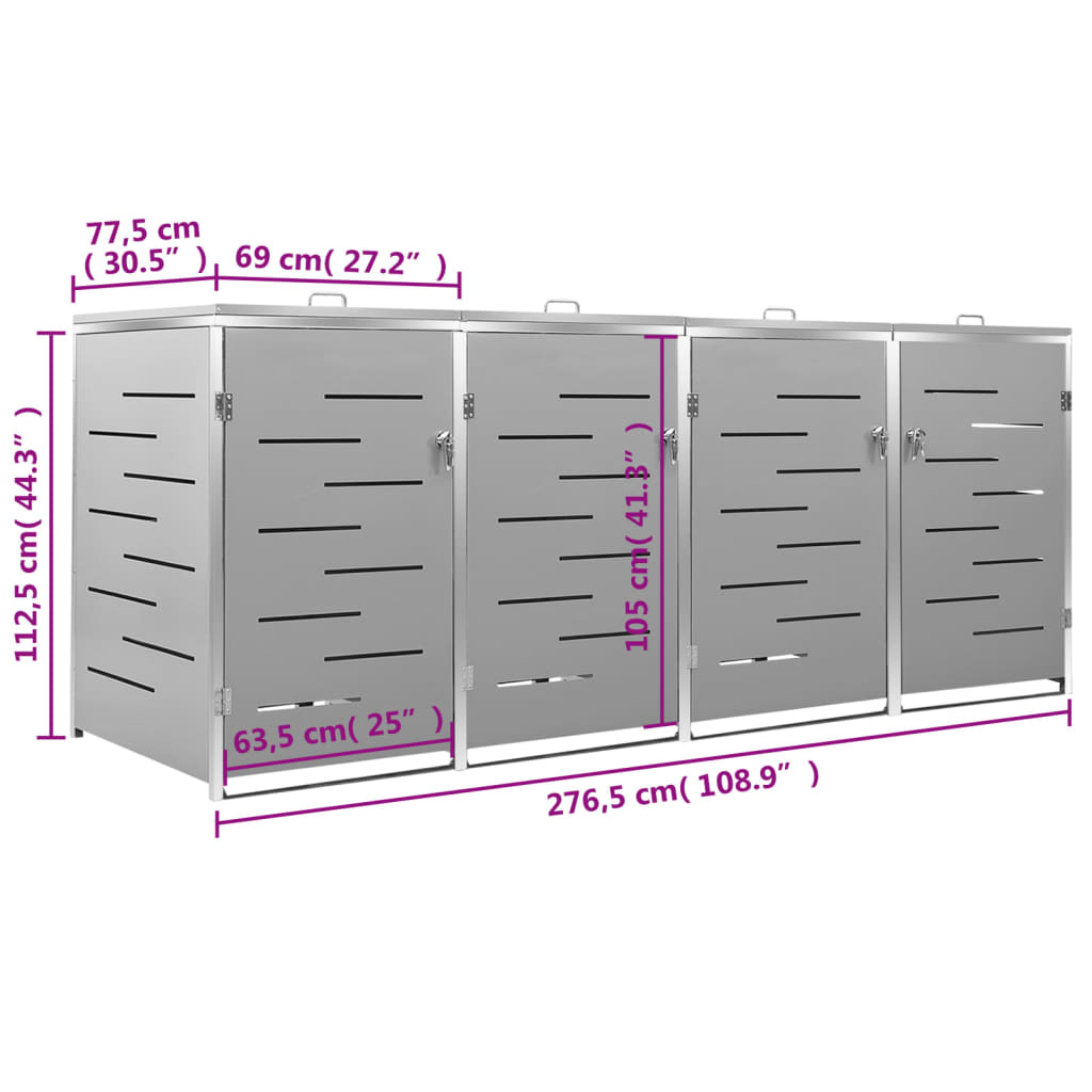 Abri de poubelles pour 4 conteneurs 276,5x77,5x115,5 cm en acier inoxydable