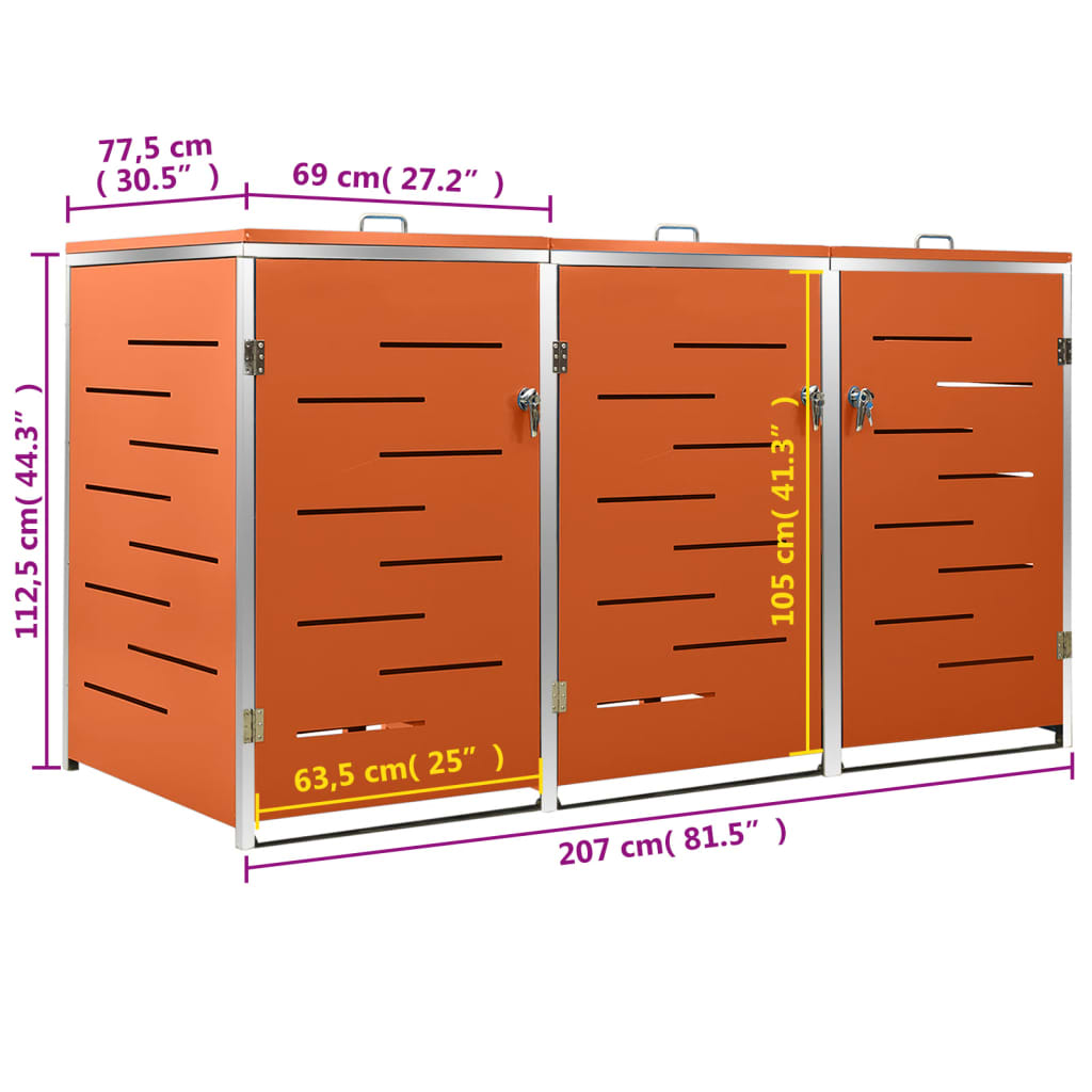 Garbage Can Enclosure for 3 Bins 207x77.5x112.5 cm Stainless Steel