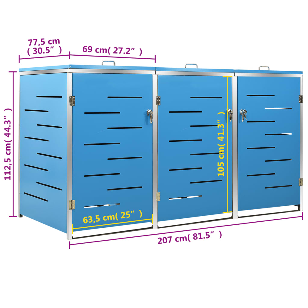 Garbage Can Enclosure for 3 Bins 207x77.5x112.5 cm Stainless Steel