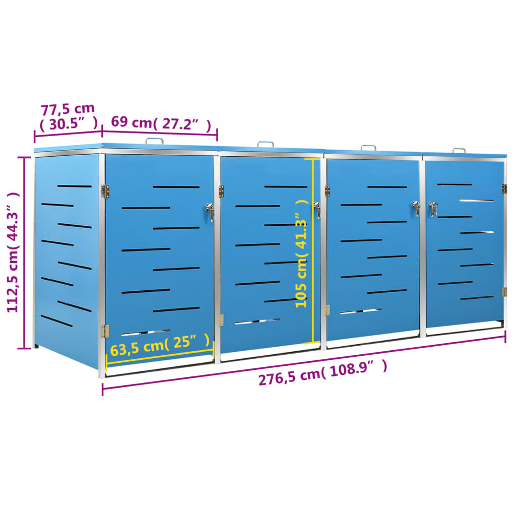 Abri poubelles pour 4 poubelles 276,5x77,5x112,5 cm acier inoxydable