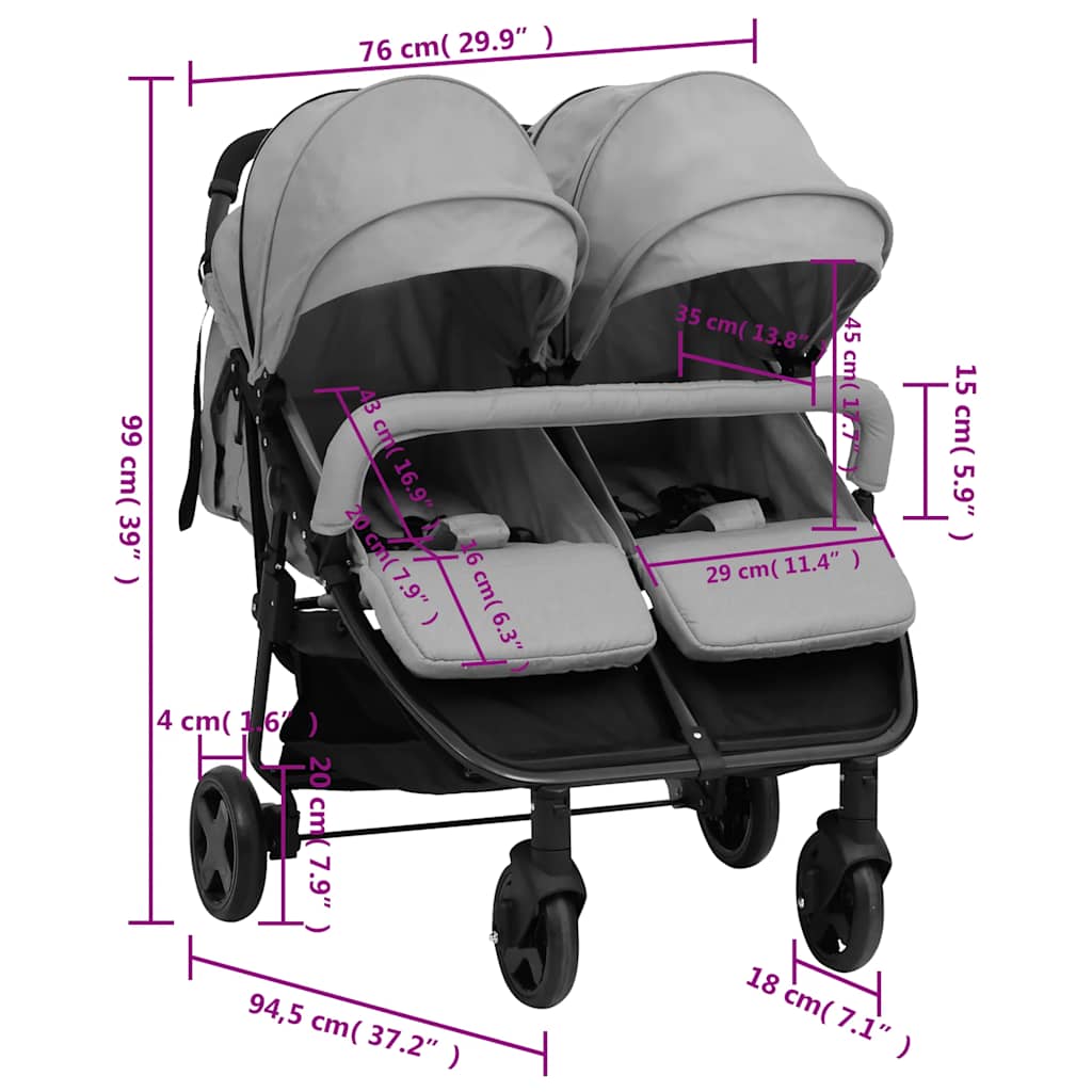 Double Stroller Light Grey and Black Steel