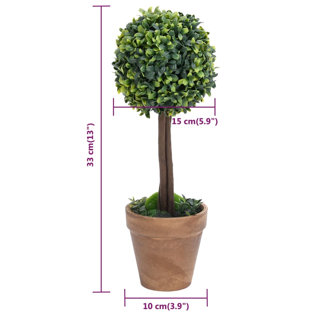 2 buis artificiels en pot, forme boule, verts, 33 cm