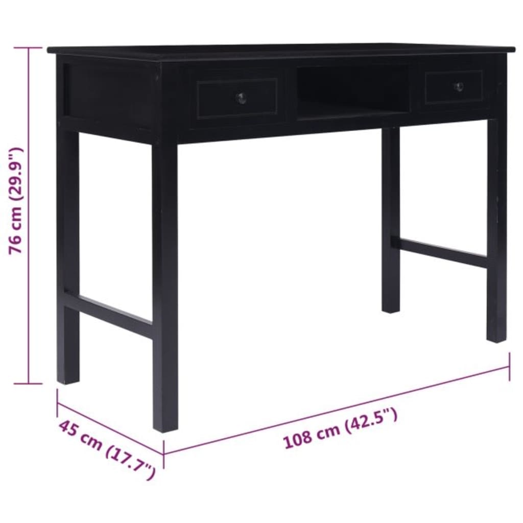 Desk Black 108x45x76 cm Solid Paulownia Wood