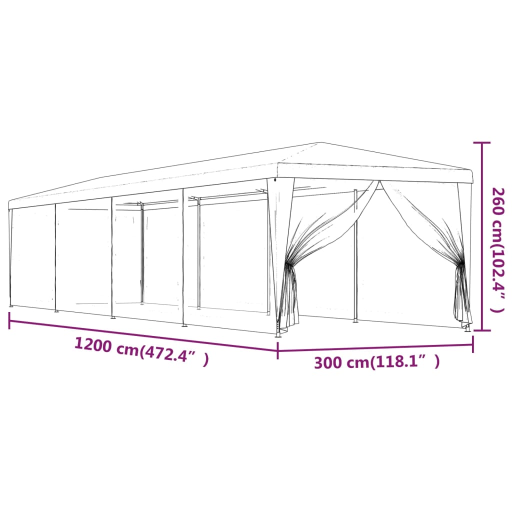 Partyzelt mit 10 Mesh-Seitenwänden Grün 3x12 m HDPE