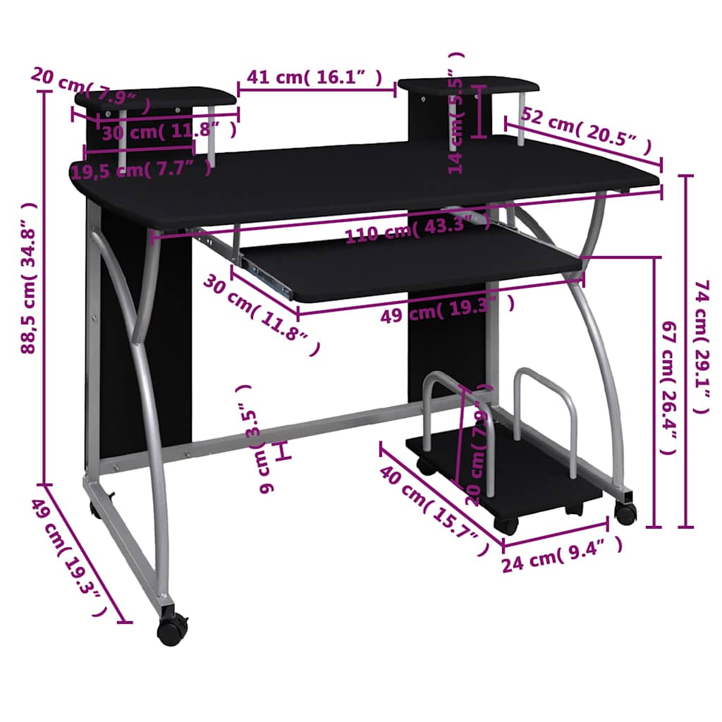 Computer Desk Black 110x52x88.5 cm Engineered Wood