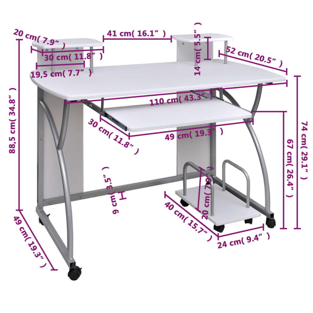 Computer Desk White 110x52x88.5 cm Engineered Wood