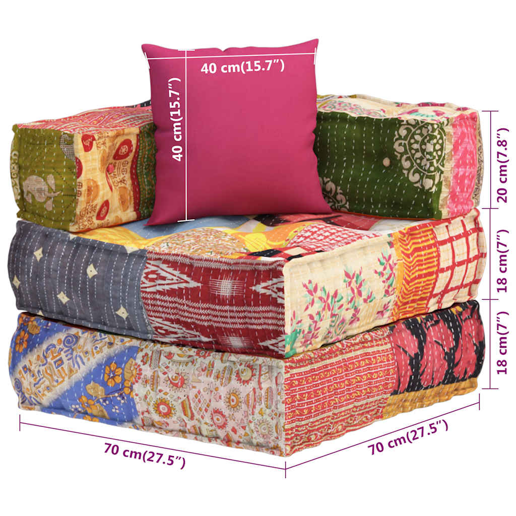 Modular ottoman with cushions, patchwork fabric