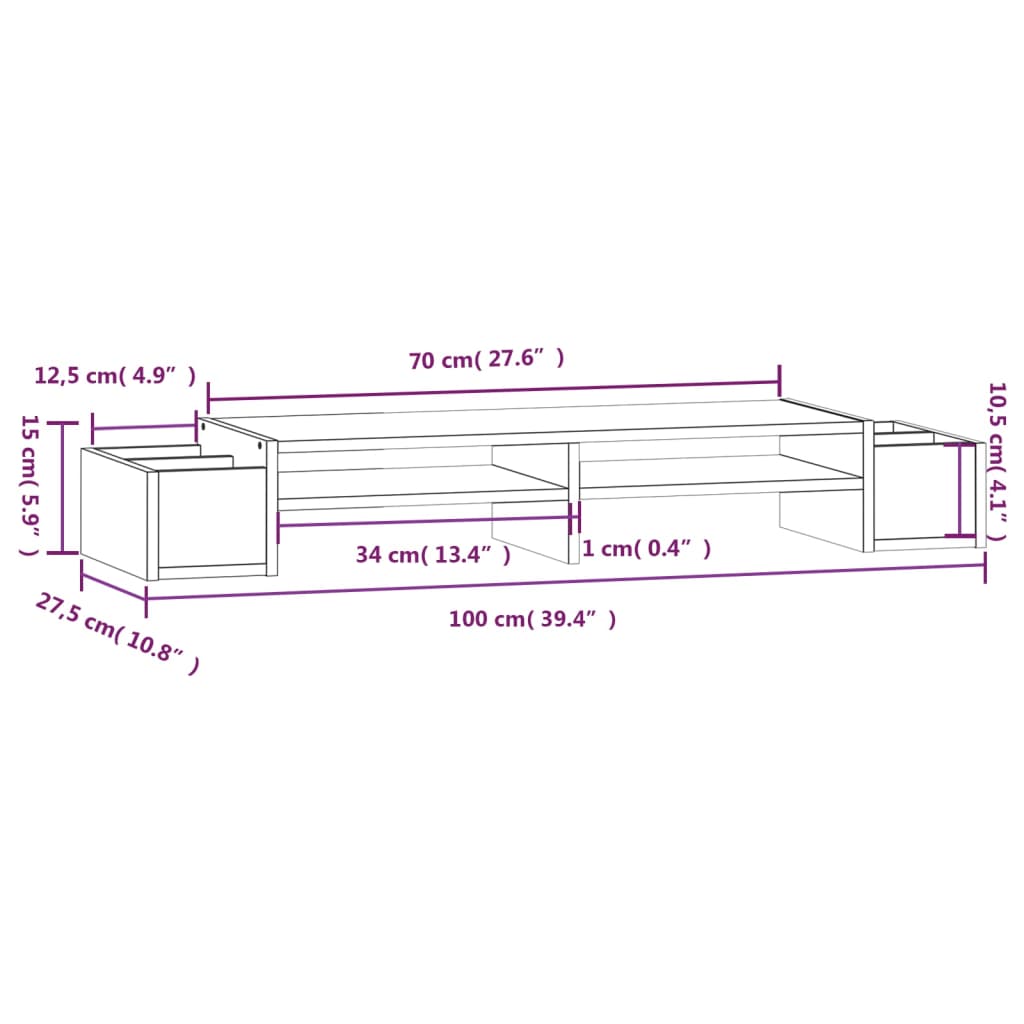 Support écran 100x27,5x15 cm Bois massif pin
