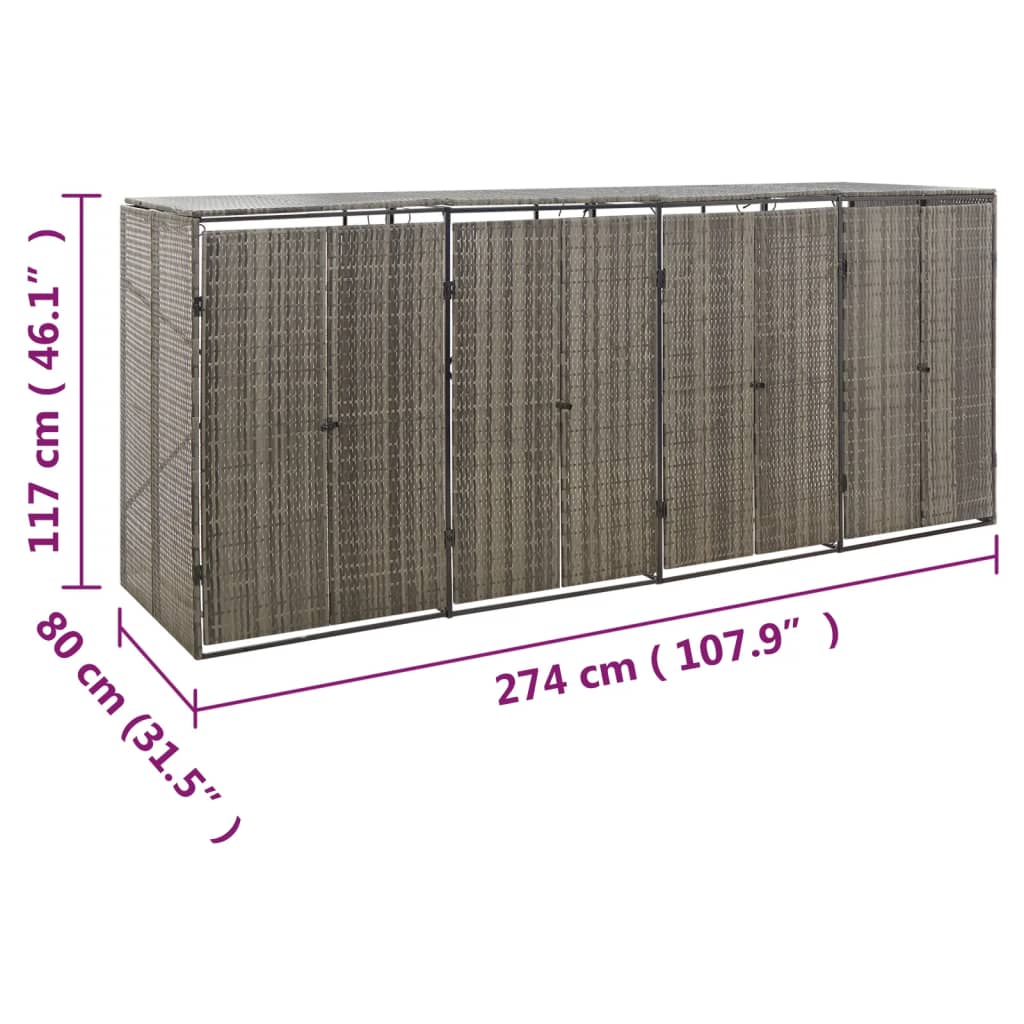 Abri pour poubelles 4 conteneurs gris 274x80x117 cm Poly Rotin
