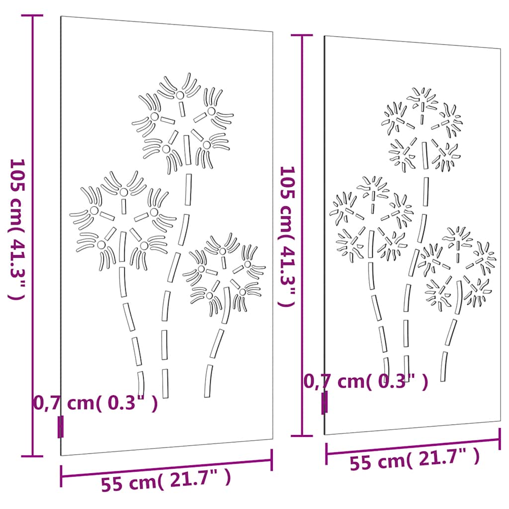 2-pc. Garden Wall Decoration 105x55 cm Corten Steel Flower Design