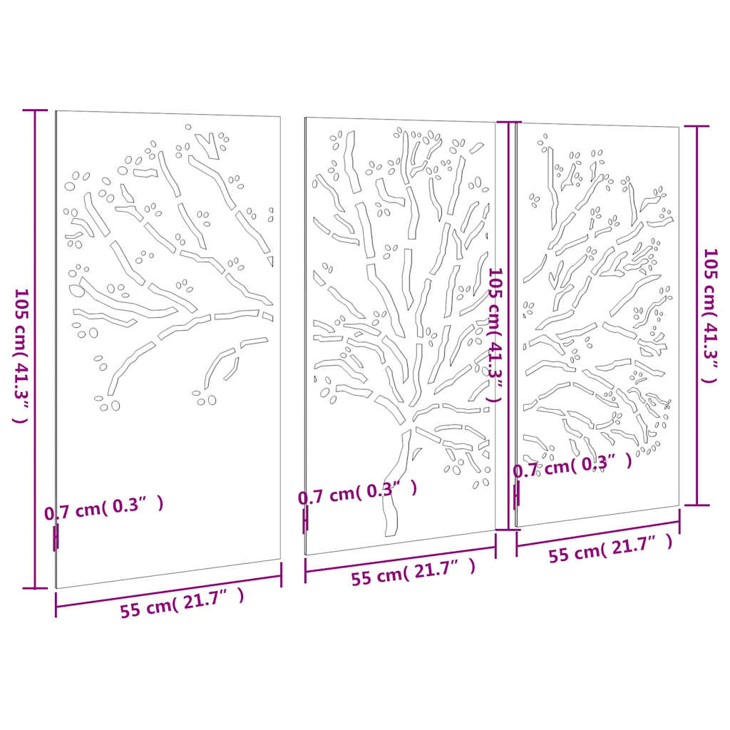 3-pc. Garden Wall Decoration 105x55 cm Corten Steel Tree Design