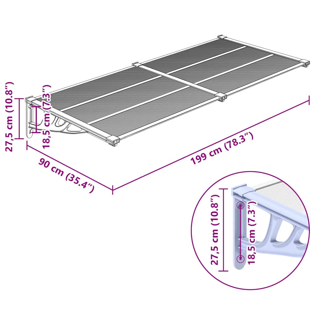 Türvordach Grau und Transparent 199x90 cm Polycarbonat