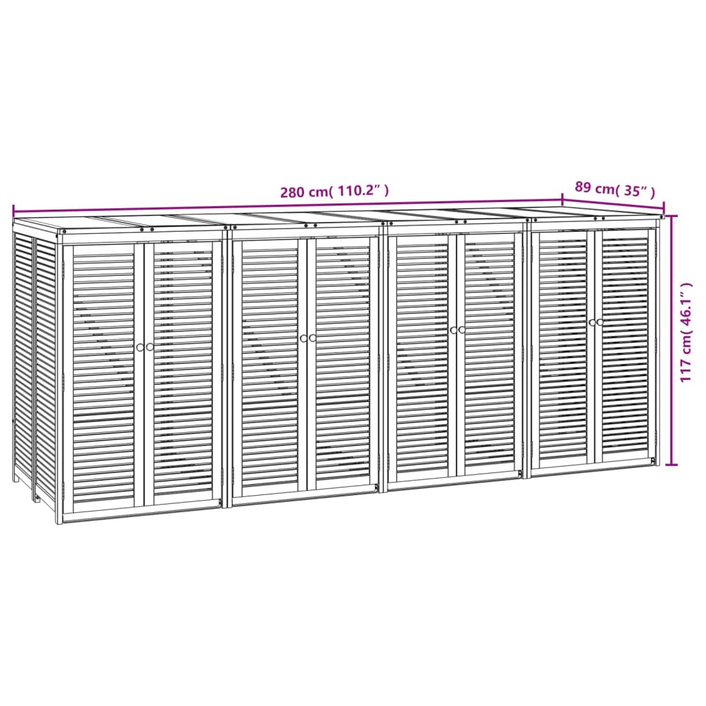 Waste bin storage for 4 bins 280x89x117 cm solid acacia wood