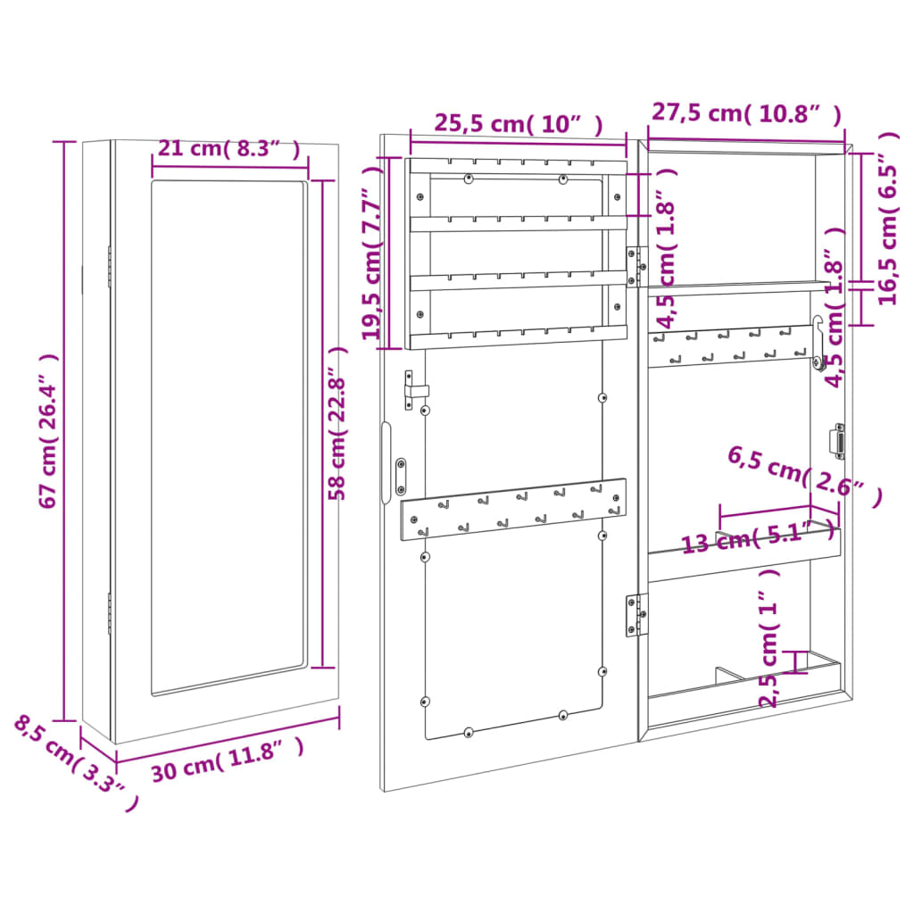 Jewelry Cabinet with Mirror Wall Mounted 30x8.5x67 cm
