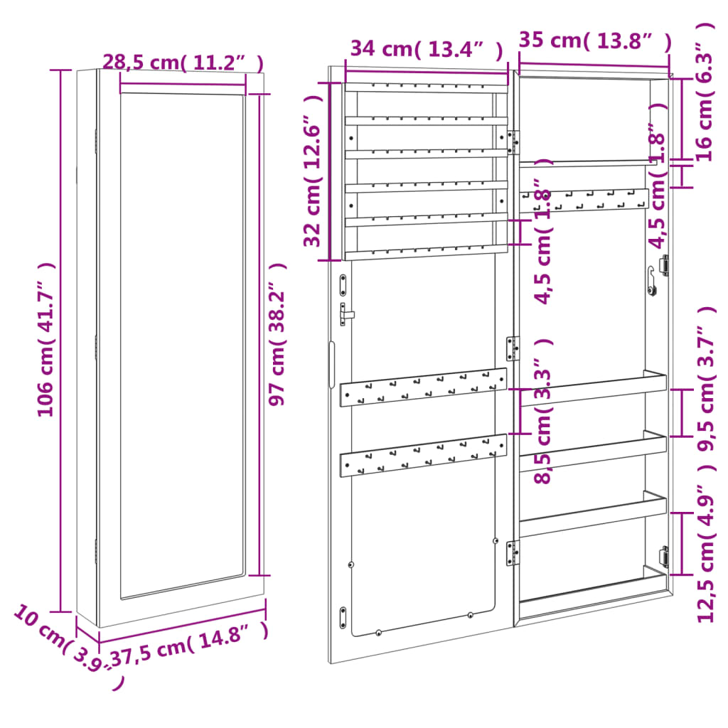 Jewelry Cabinet with Mirror Wall Mounted Black 37.5x10x106 cm