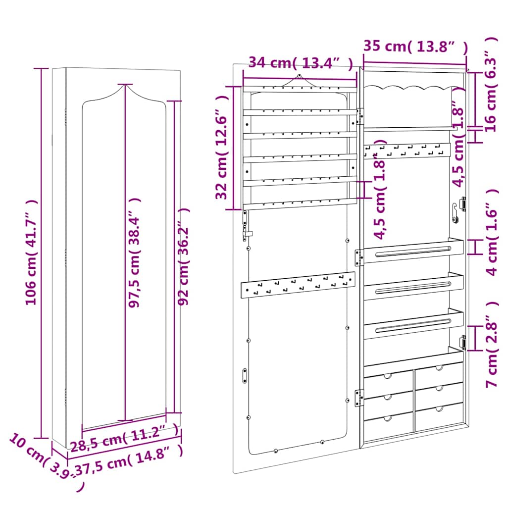 Jewelry Cabinet with Mirror Wall Mounted White 37.5x10x106 cm
