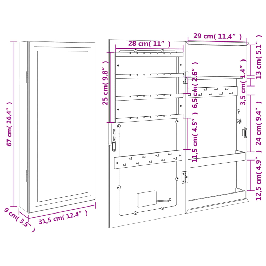 Armoire à bijoux miroir avec éclairage LED Montage mural Noir