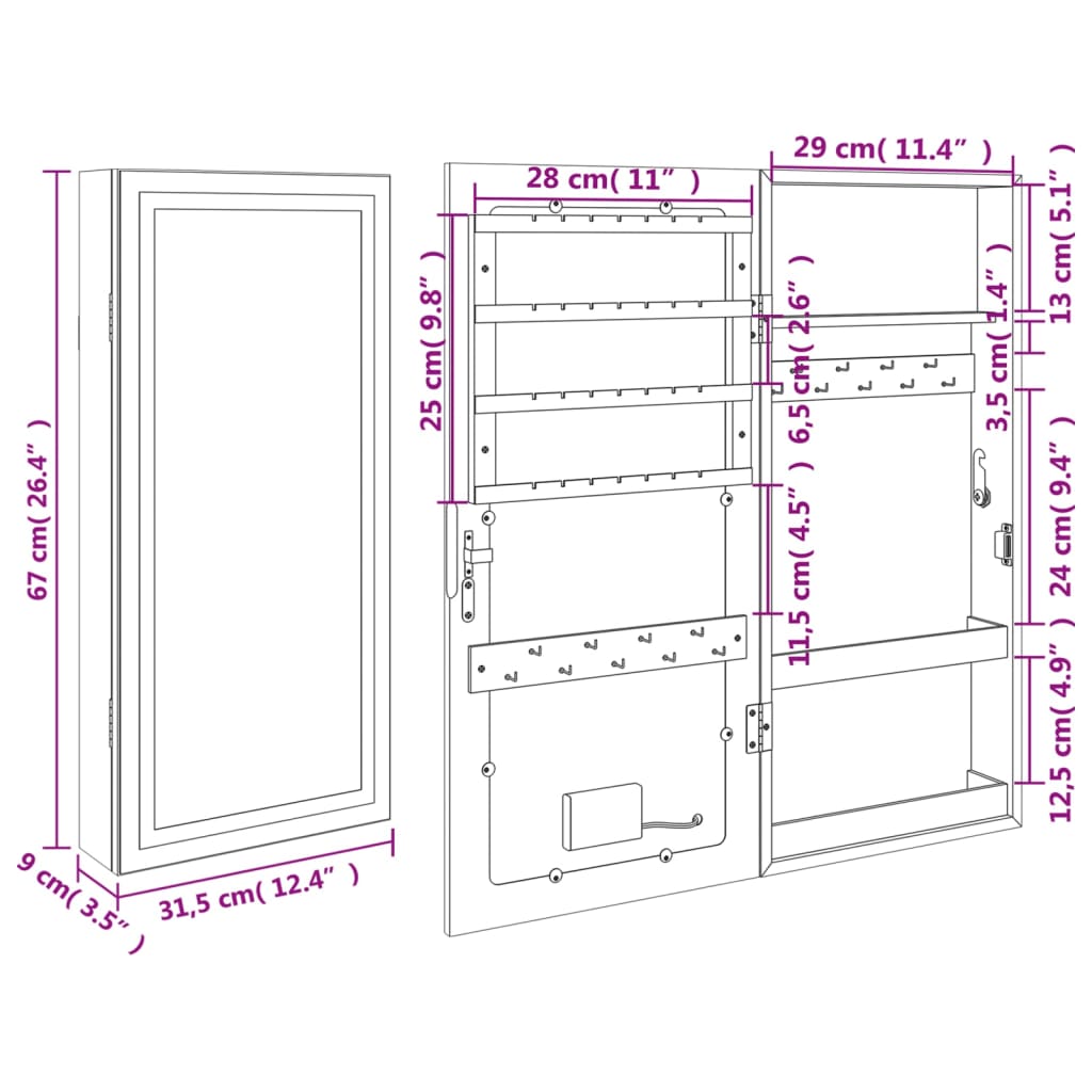 Mirror Jewelry Cabinet with LED Lighting Wall-mounted