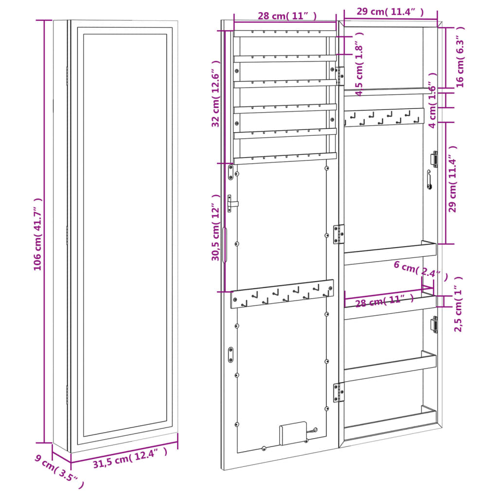 Armoire à bijoux miroir avec éclairage LED Montage mural Blanc