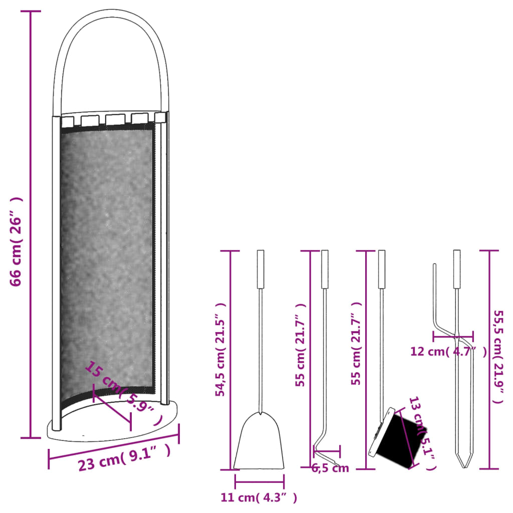 5-teiliges Kaminbesteck-Set 23 x 15 x 66 cm Stahl