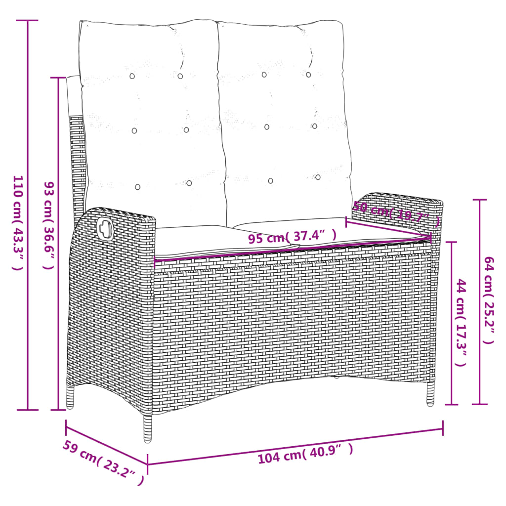 Gartenbank Verstellbar mit Kissen Grau Poly Rattan