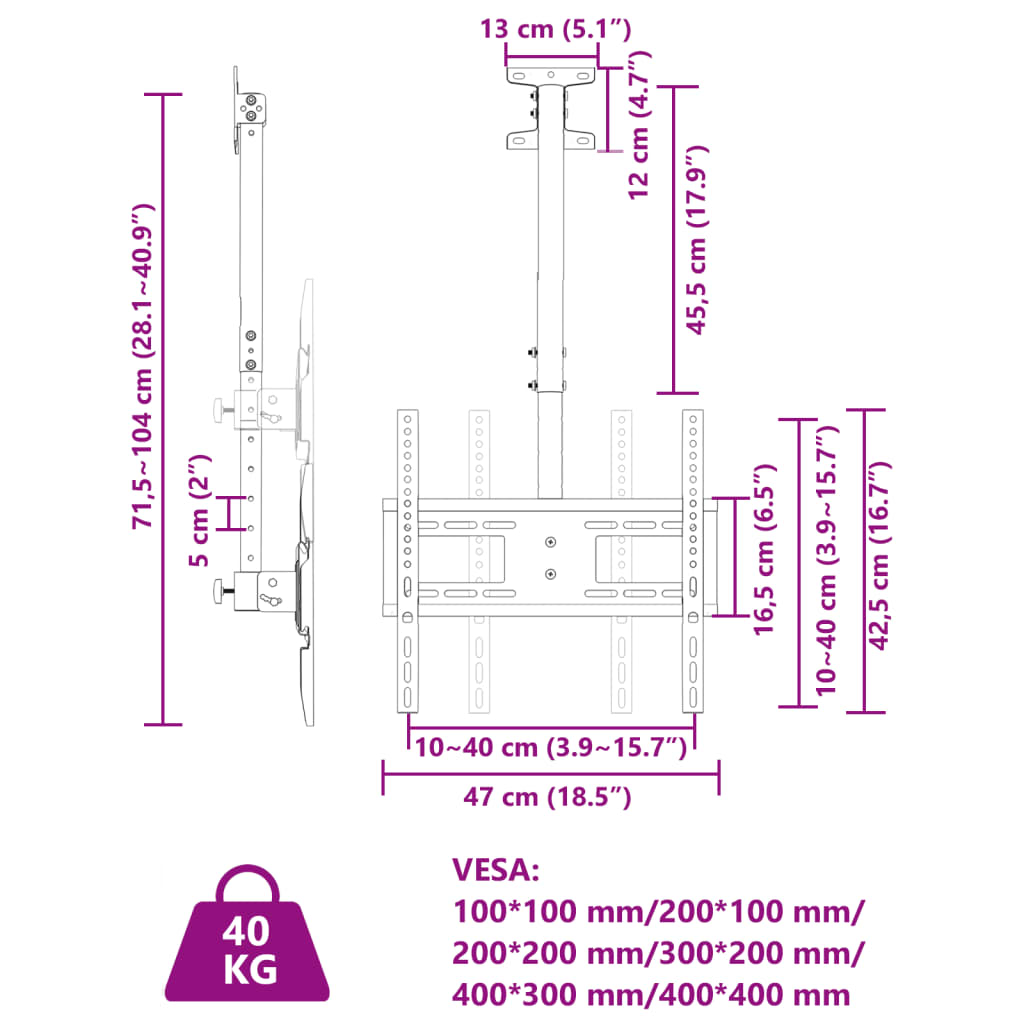 Support plafond TV 32-65 pouces écran Max VESA 400x400 30kg