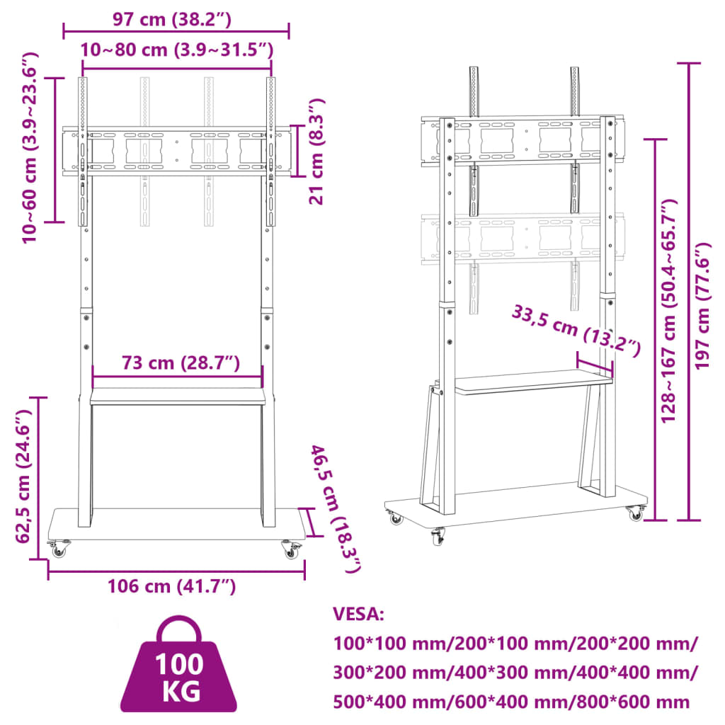 Meuble TV sur roulettes 32-90 pouces Max VESA 800x600 mm 100kg