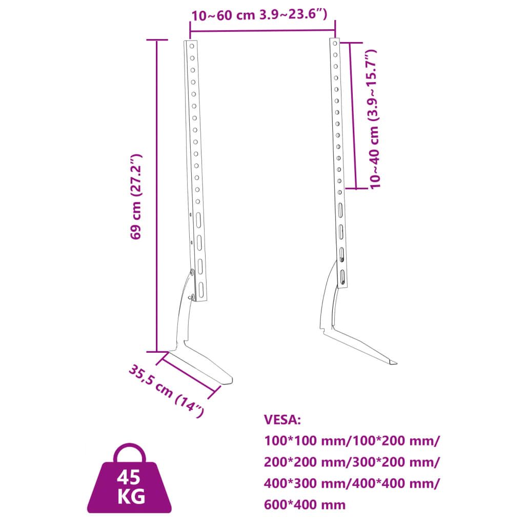 Pied TV 2 pièces pour écran 32-75 pouces, VESA max 600x400mm, 45kg