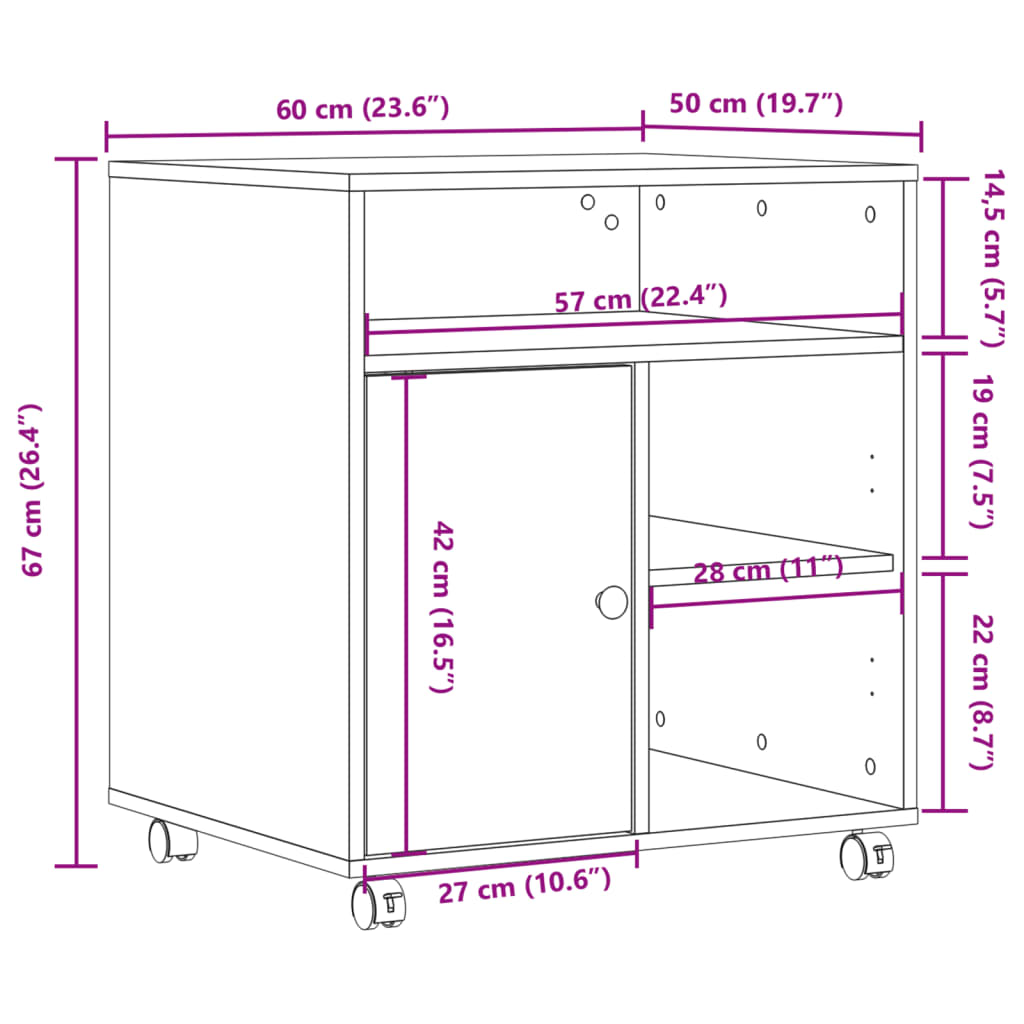Meuble d'imprimante à roulettes blanc 60x50x67 cm