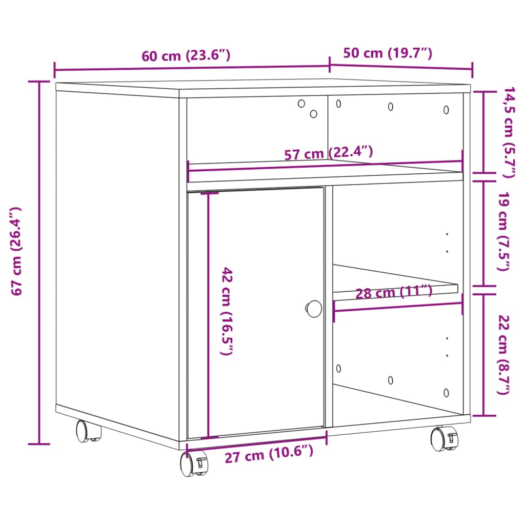 Meuble support imprimante à roulettes chêne fumé 60x50x67 cm