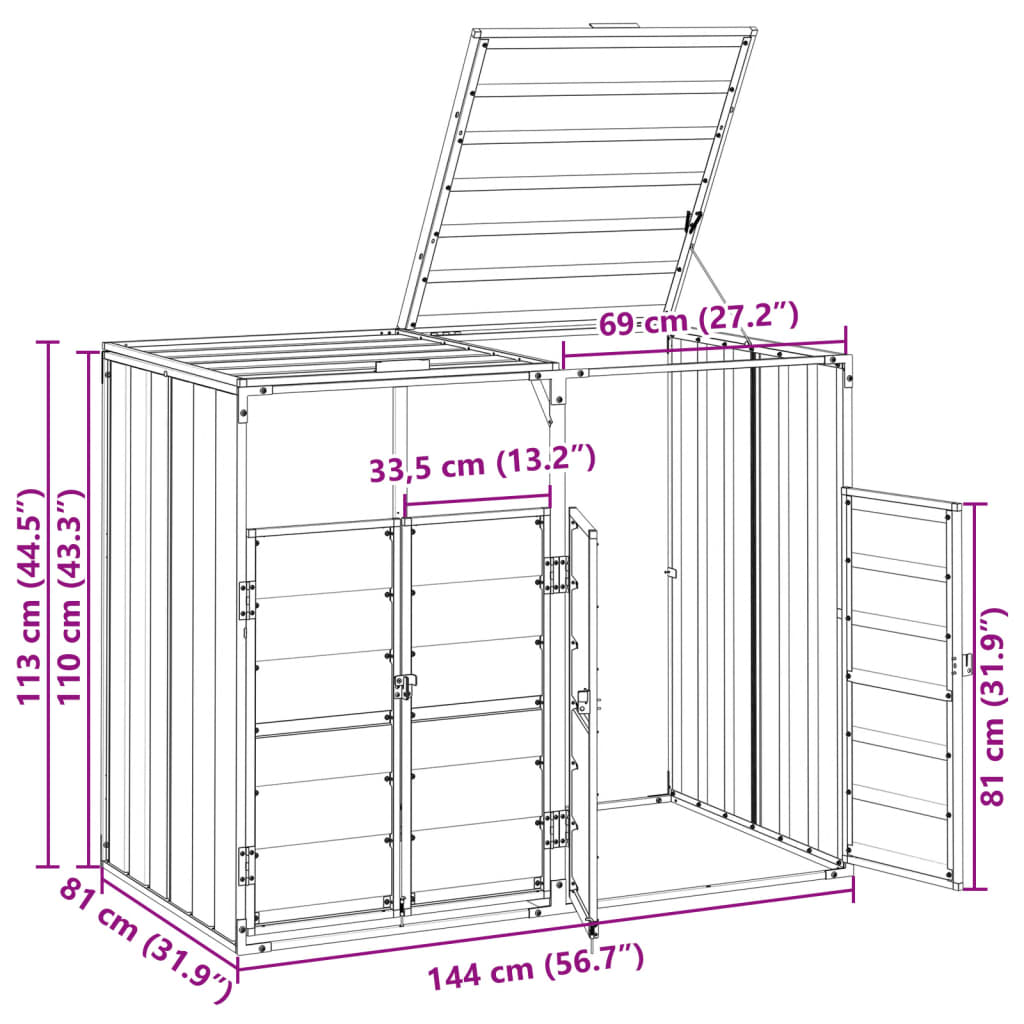 Wheelie bin storage for 2 bins, brown, 144x81x113 cm, steel