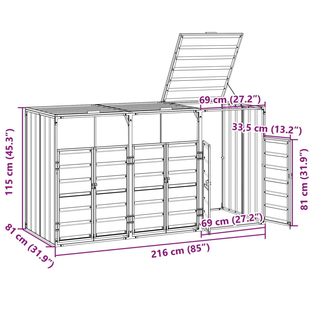 Wheelie Bin Storage for 3 Bins Grey 216x81x115 cm Steel