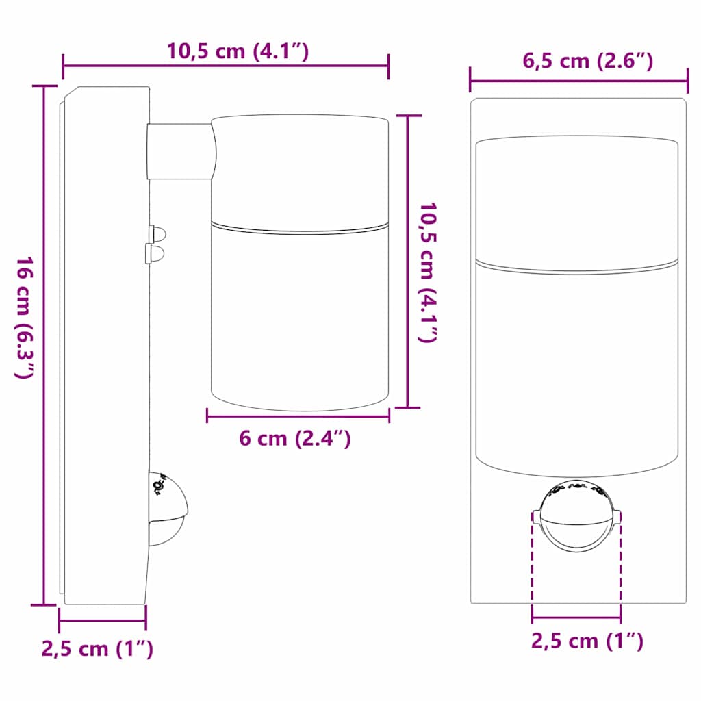 Applique murale noire 6,5 x 10,5 x 16 cm acier inoxydable et verre