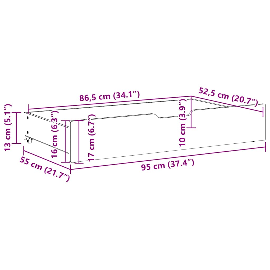 Under-bed drawers 2 pcs. White 95x55x17 cm Solid pine