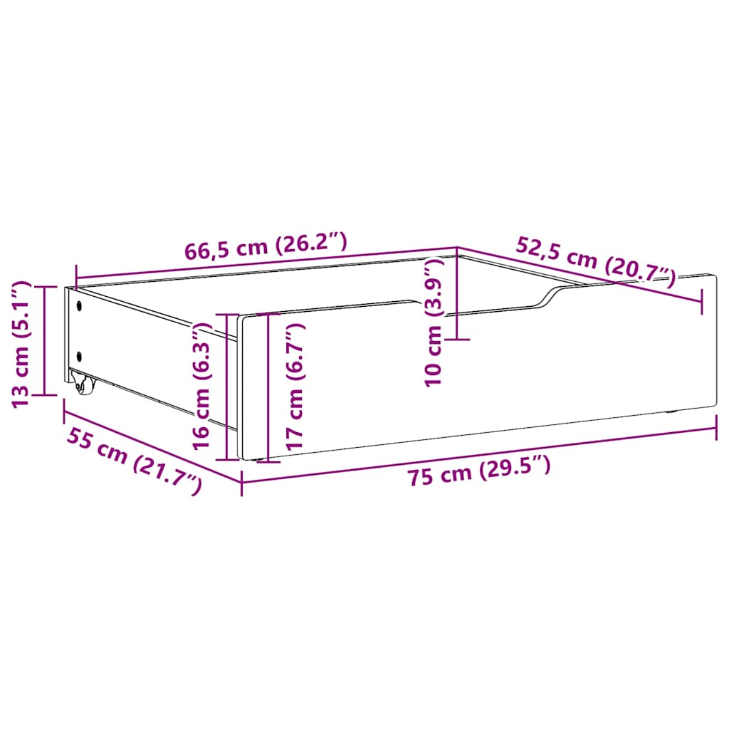 Under-bed drawers with castors, 2 pcs. 75x55x17 cm solid pine